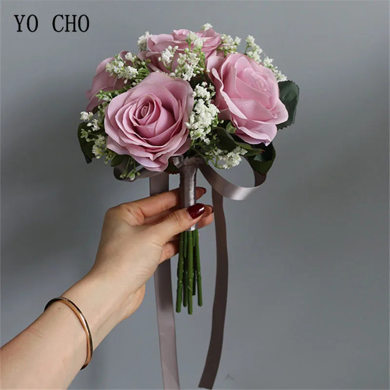Artificial Silk Flower Bouquet with Roses and Babysbreath for Wedding and Home Decor
