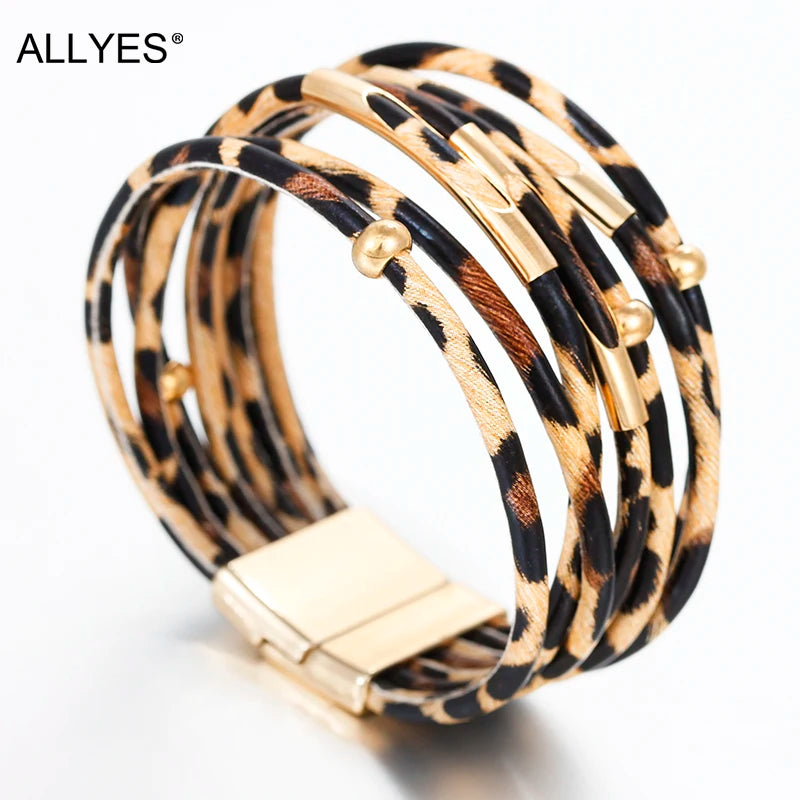 Leopard Leather Wrap Bracelet for Women Wide Boho Multi-Layer Jewelry