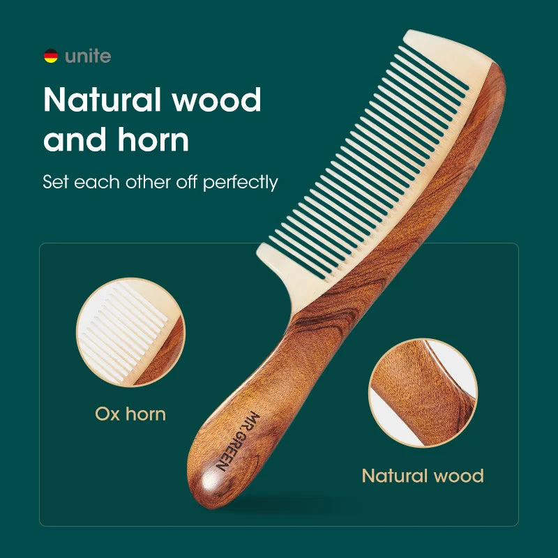 Natural Wood Hair Comb with Horn Splicing, Anti-Static, Massage & Acupuncture Points