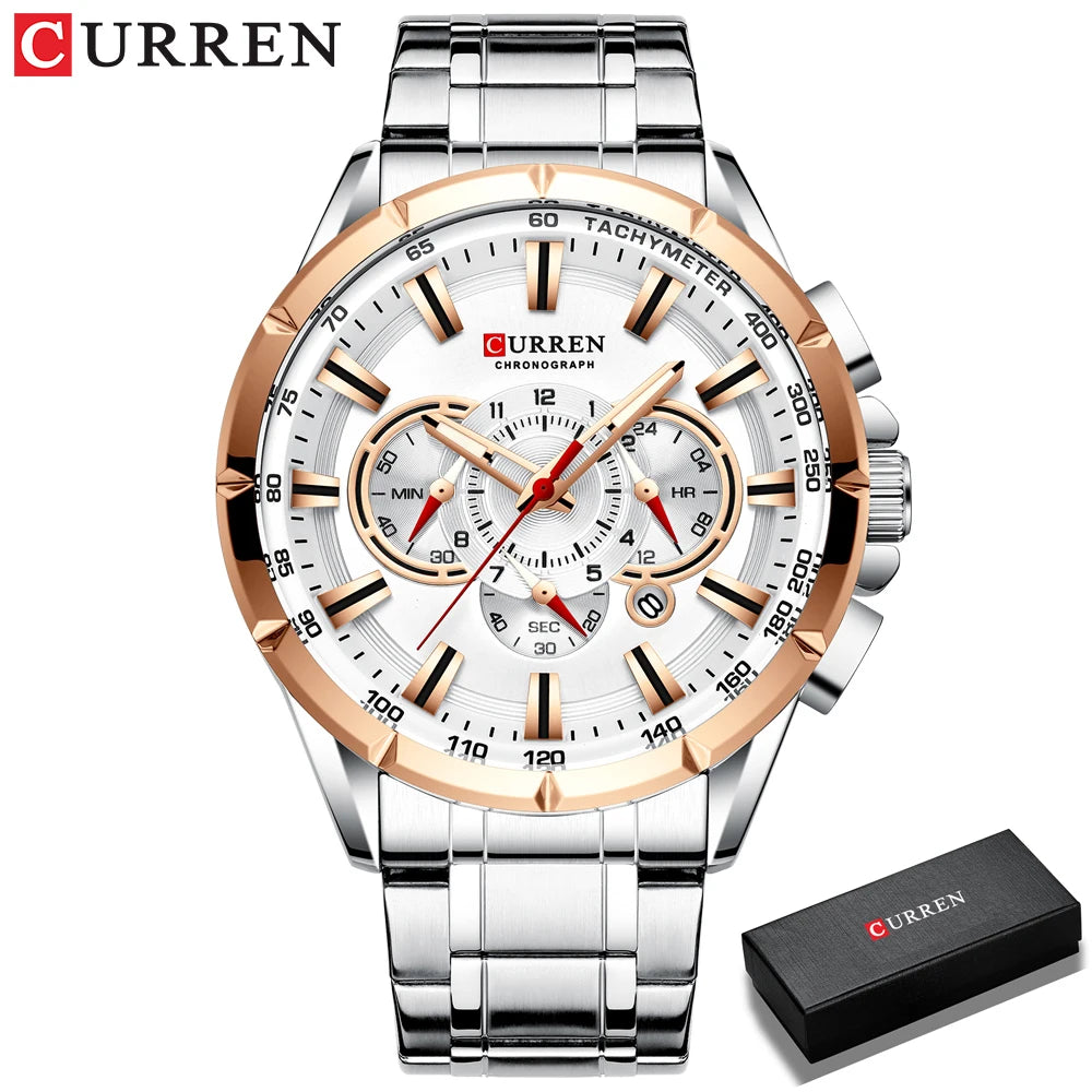 Men's Casual Sport Chronograph Watch with Stainless Steel Band and Big Dial