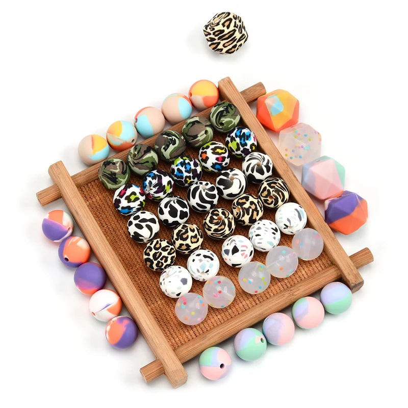 DIY Silicone Beads Set - 12/15/19mm Round Flower Leopard Design for Jewelry Making