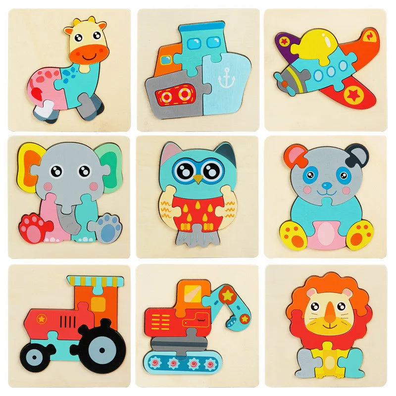Kids Wooden 3D Animal Puzzle - Educational Cognitive Jigsaw Toy for Children
