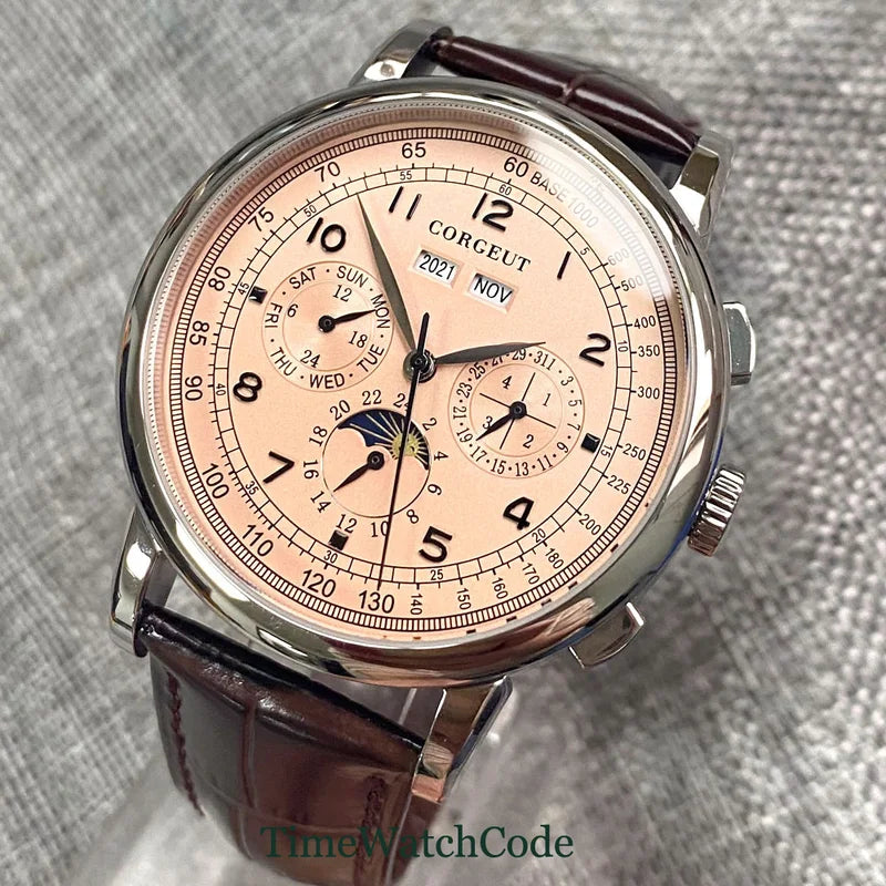 Automatic Men's Watch 42mm Multifunction with Leather Strap & Date Day Month