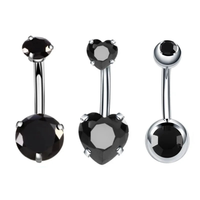 3PCS Surgical Steel Belly Button Piercing Set with Heart CZ Navel Rings - Multiple Colors