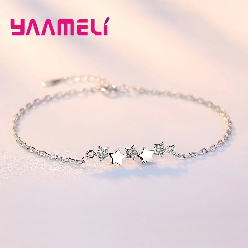 925 Sterling Silver Crystal Star Charm Bracelet Women Girls Jewelry Gift
