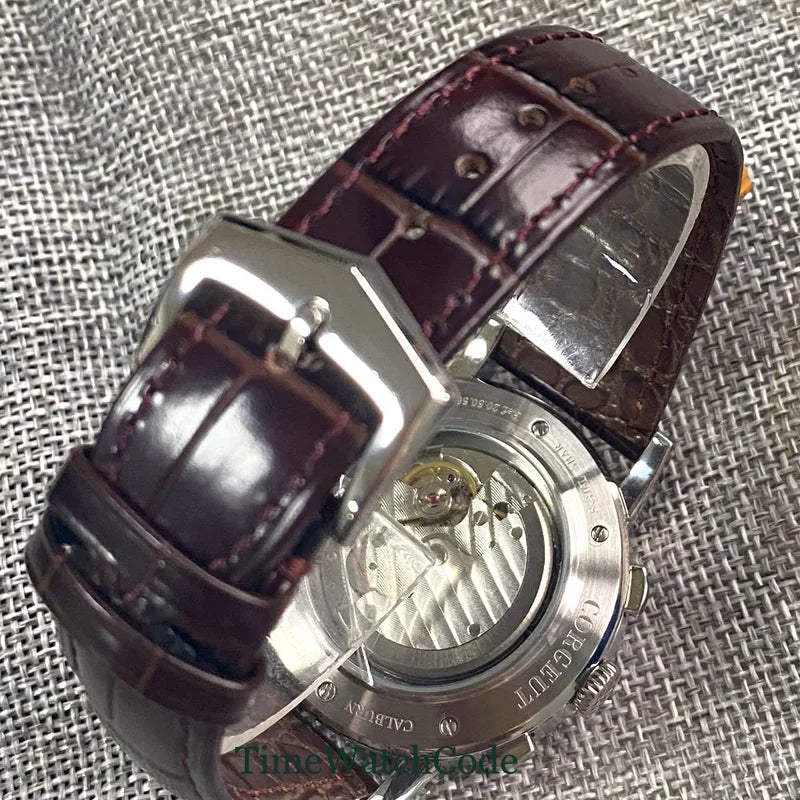 Automatic Men's Watch 42mm Multifunction with Leather Strap & Date Day Month