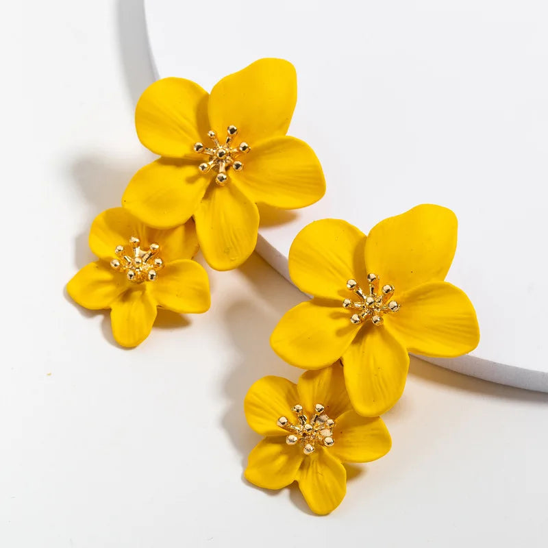 Double Flower Drop Earrings for Women Summer Beach Party Boho Jewelry - Gold, Red, Vermeil