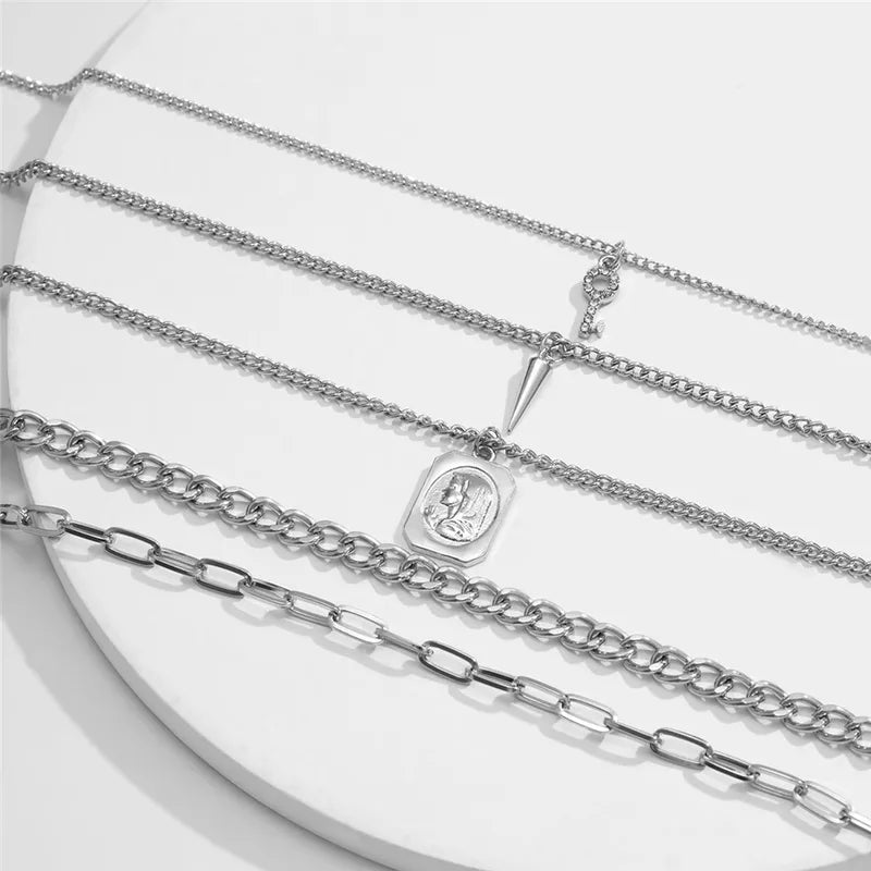 Goth Punk Multilayer Chain Necklace Set with Spike Rivets and Pendant for Women Men Statement Jewelry