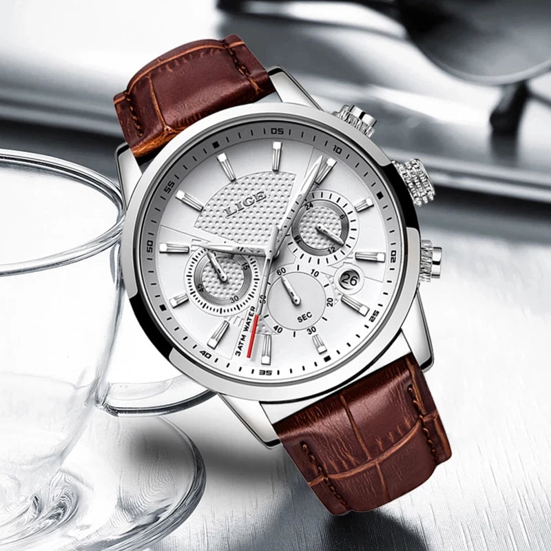 Men's Sports Quartz Watch with Leather Strap Waterproof Date