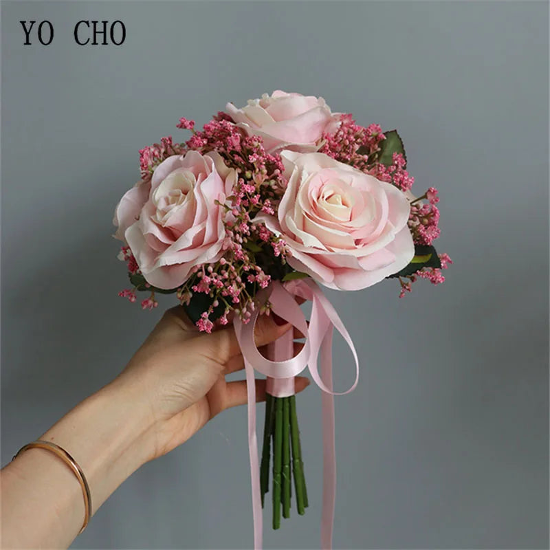 Artificial Silk Flower Bouquet with Roses and Babysbreath for Wedding and Home Decor