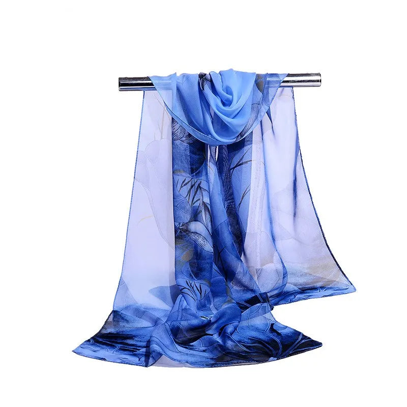 Fashion Print Silk Chiffon Scarf with Floral and Striped Designs - Multiple Colors