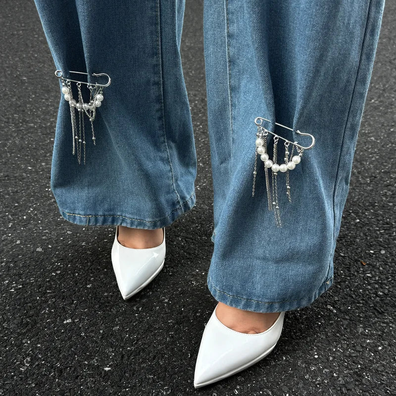 Retro Sweet Imitation Pearl Metal Chain Tassel Pendant Jewelry Pin Foot Chain for Girl Fashion