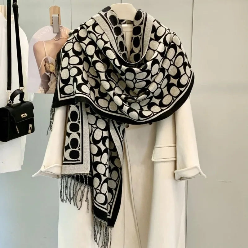 Unisex Thick Double-Sided Cashmere Feel Scarf with Tassels - Winter Fashion Accessory