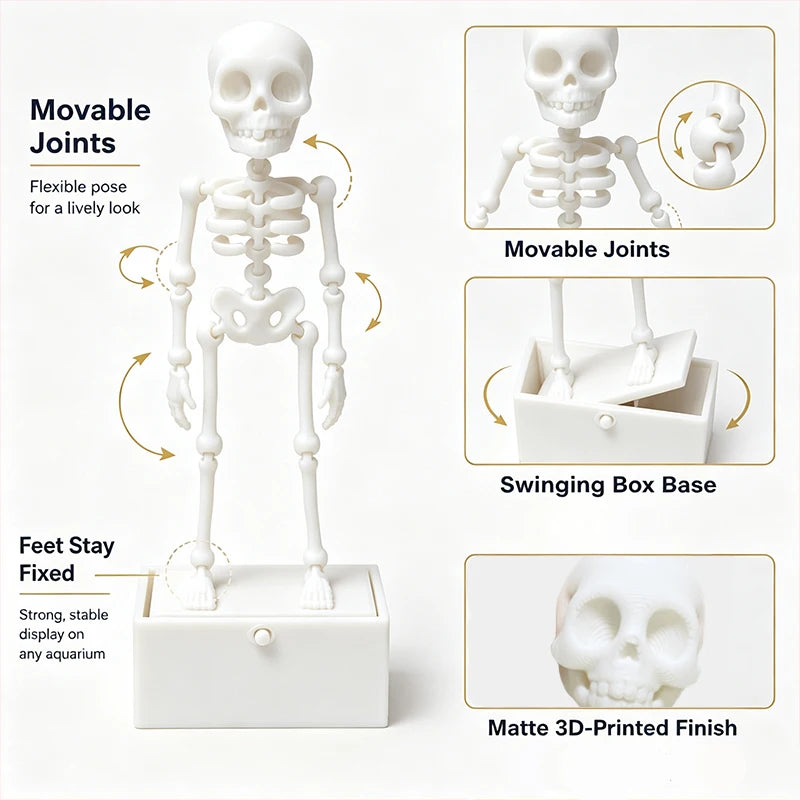 Interactive Bubble Dancing Skeleton Fish Tank Ornament 3D Printed Halloween Decor