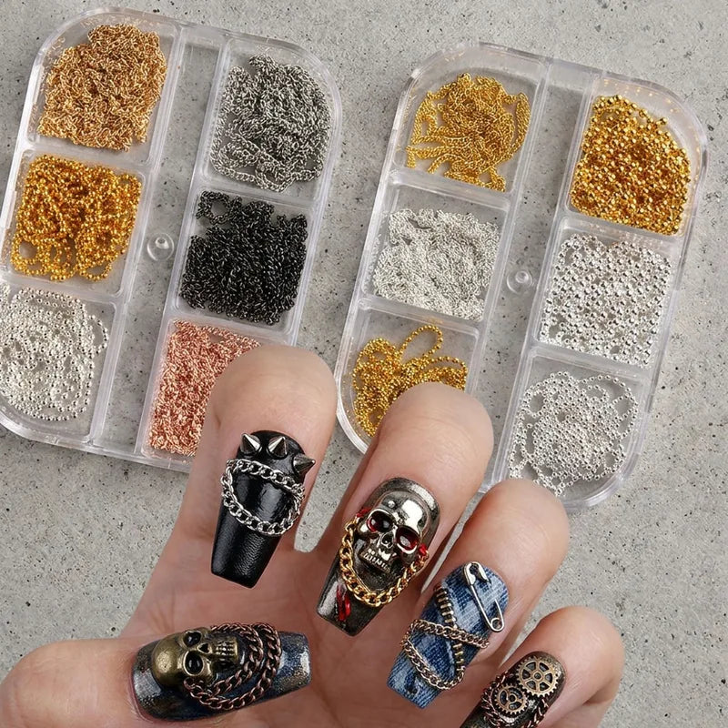 Metal Nail Chain Charms Set - Gold Silver Twisted Bead Links for Nail Art