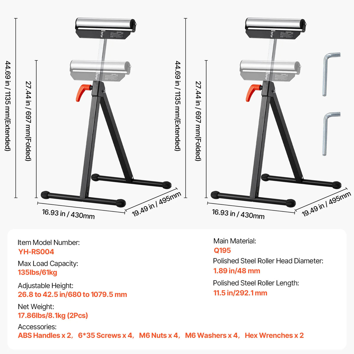 Heavy Duty Folding Roller Stand with Adjustable Height and Steel Roller Head for Woodworking