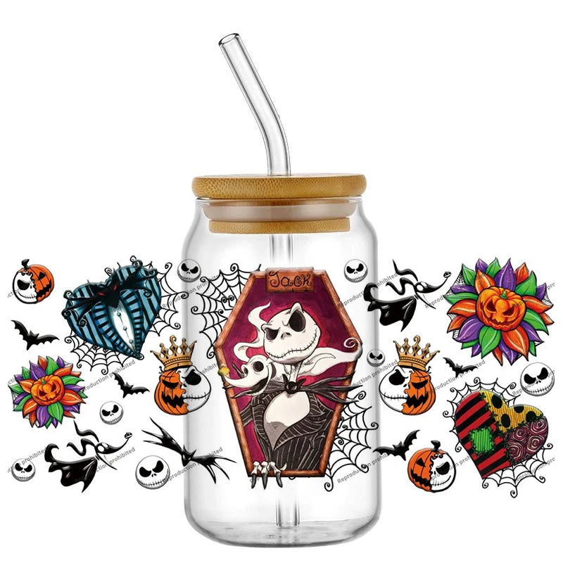 Halloween UV DTF Transfer Sticker Set - Jack Skellington Sally 3D Glass Decals