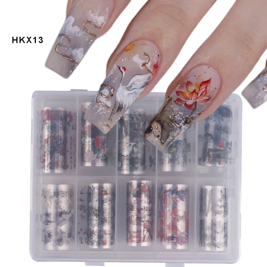 Nail Foils 10pcs Chinese Character Crane Bamboo Flower Plum Design, Transfer Stickers for Nail Art
