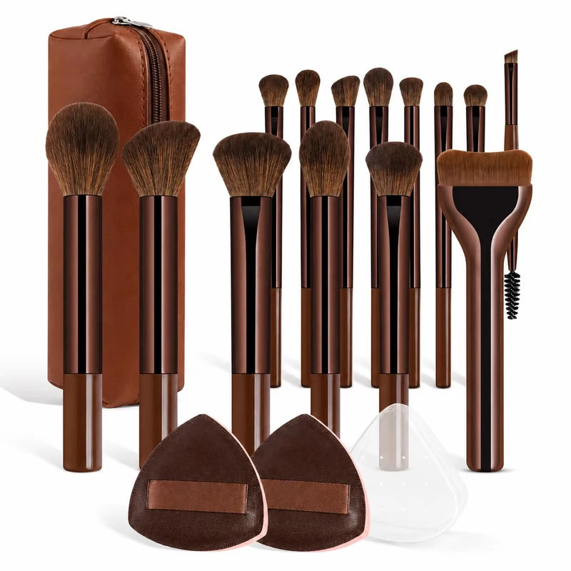 14-Piece Makeup Brush Set with Sponges & Makeup Bag - Eco-Friendly Handles