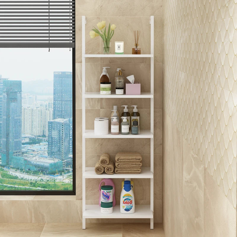 5-Tier Ladder Wall Shelf Storage Rack White Living Room & Study Organizer