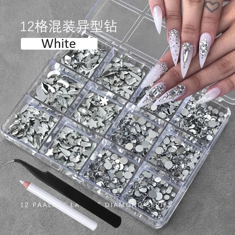 Multi-Shaped Nail Art Rhinestones Kit with Pen & Tweezers - 12 Grids Champagne Gold