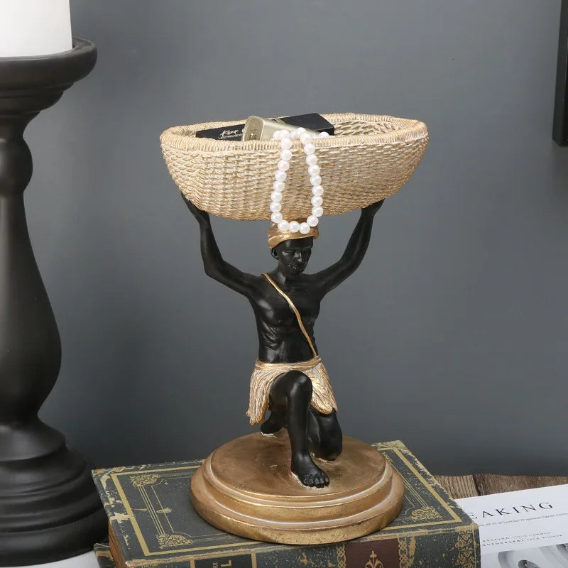 African Black Resin Basket Sculpture | Tribal Woven Storage Decor for Living Room & Entryway