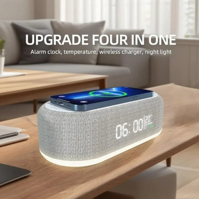 Wireless Charging Alarm Clock with Night Light and Thermometer for Bedside