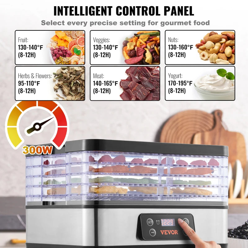 5-Tray Food Dehydrator Machine 300W Stainless Steel Digital Timer & Temperature