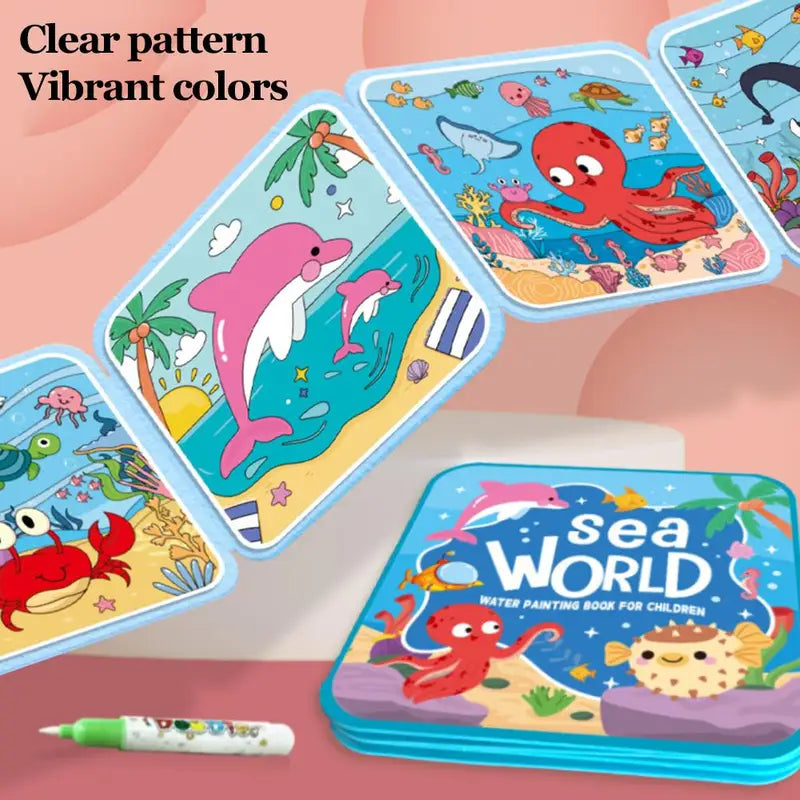 Kids Reusable Water Painting Book with Pen - Animal & Sea World Educational Drawing Pad
