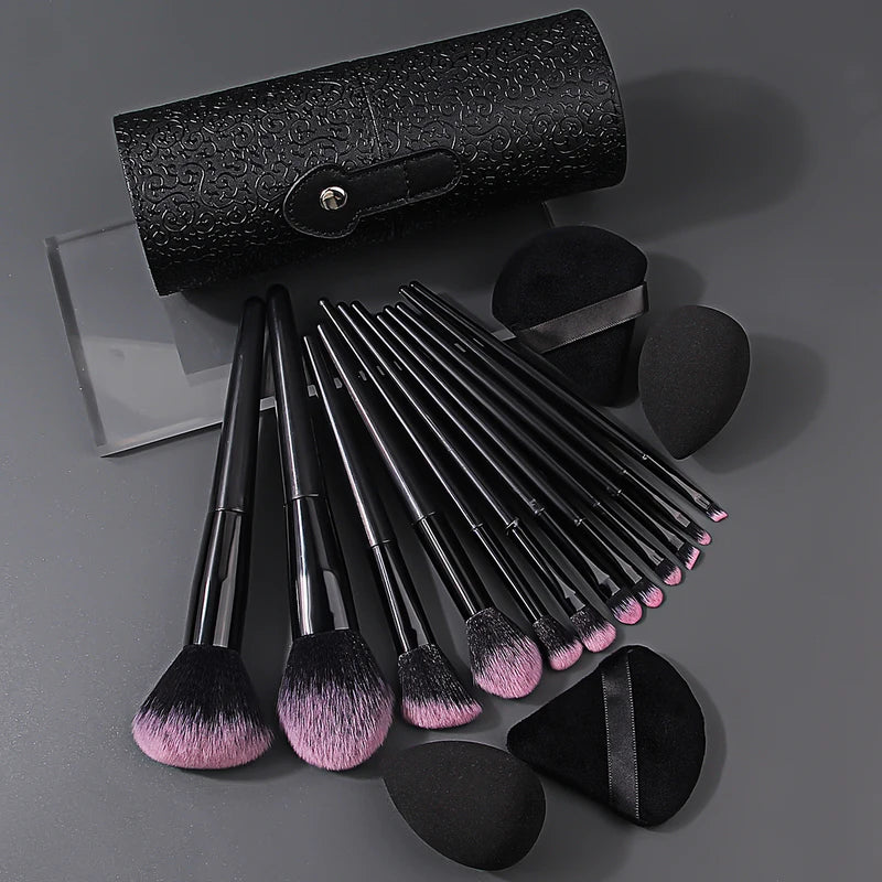 12-Piece Face Makeup Brush Set with Egg Sponge & Storage Bucket