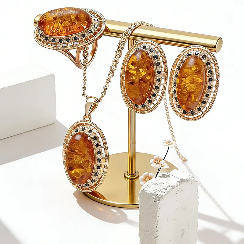 Vintage Amber and Zircon Jewelry Set for Women - Rose Gold Finish