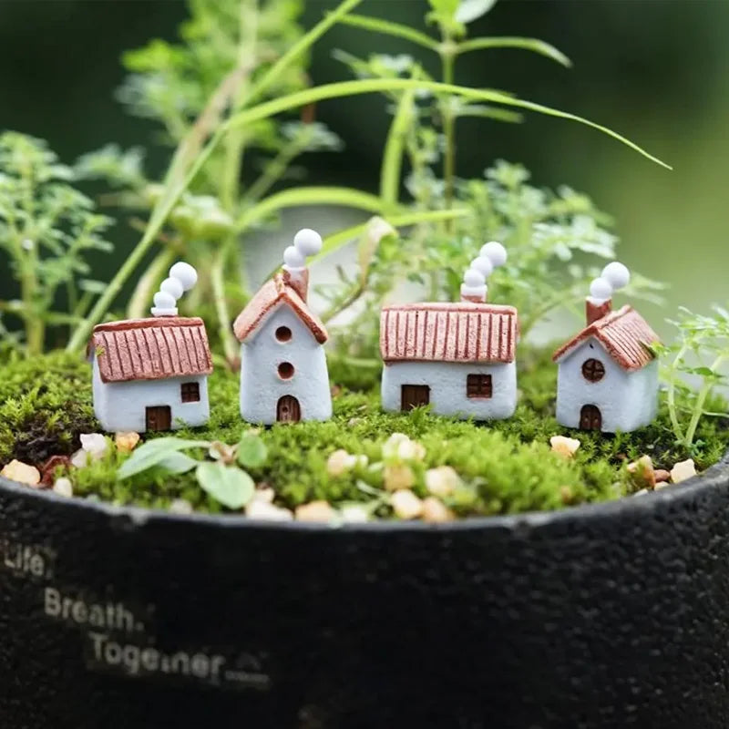 Set of 4 Mini Resin House Figurines for Fairy Garden & Terrarium Decor