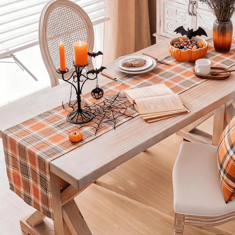 Autumn & Winter Vintage Orange-Red Plaid Table Runner for Dining & Banquet Tables