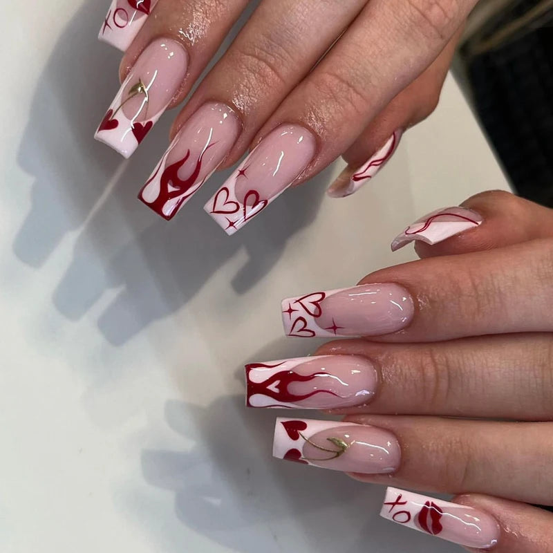 24pcs Square Fake Nail Set - Short Coffin Press On Nails for Girls Women Gift