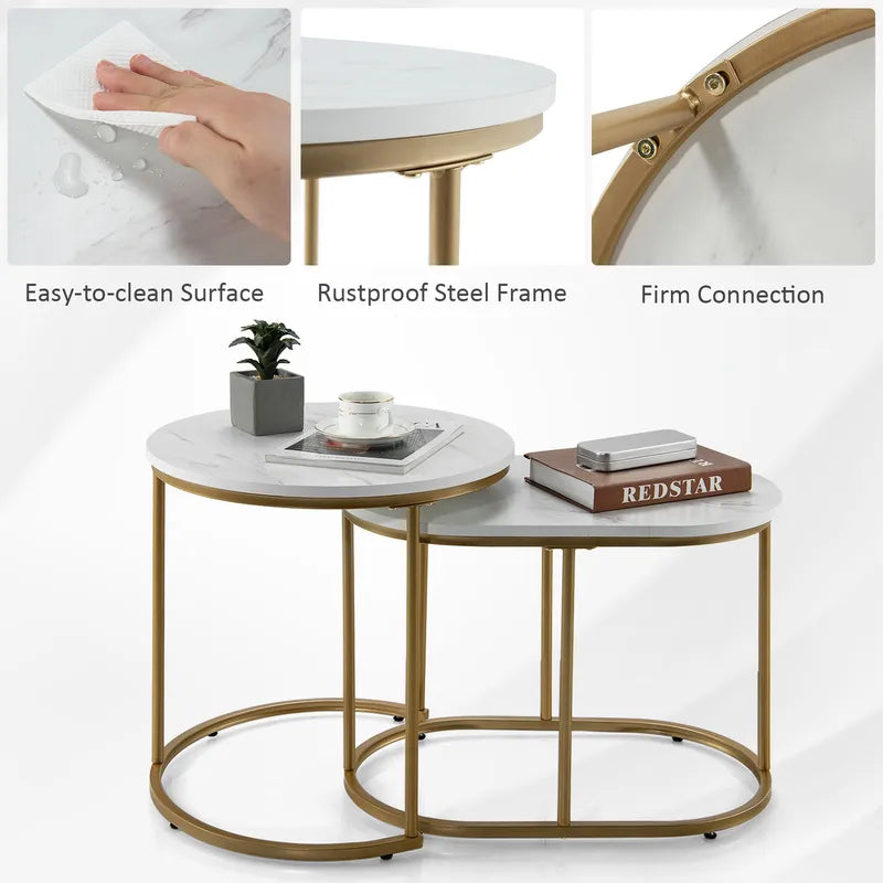 Nesting Coffee Tables Set of 2 Modern Marble & Metal Side Tables for Living Room