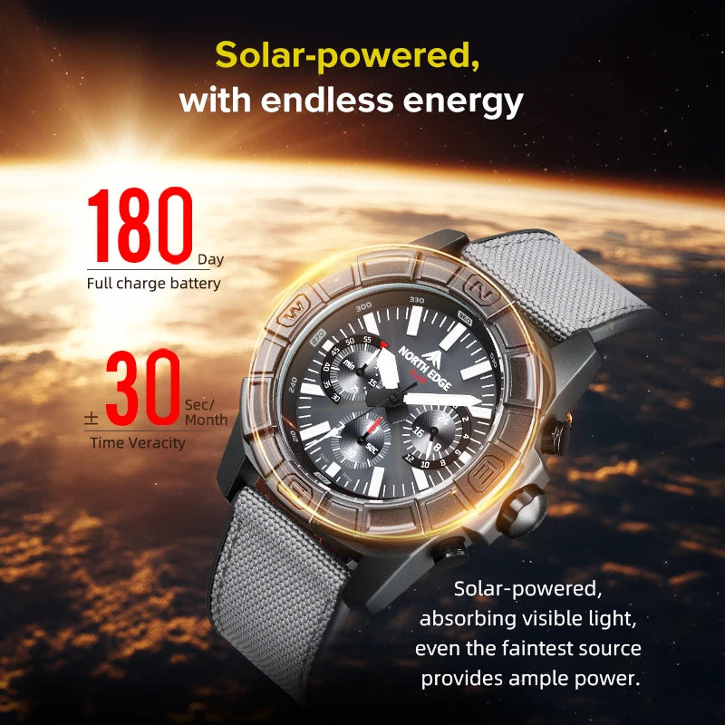 Men's Solar Power Quartz Watch with Stainless Steel Case Waterproof 50M Pilot