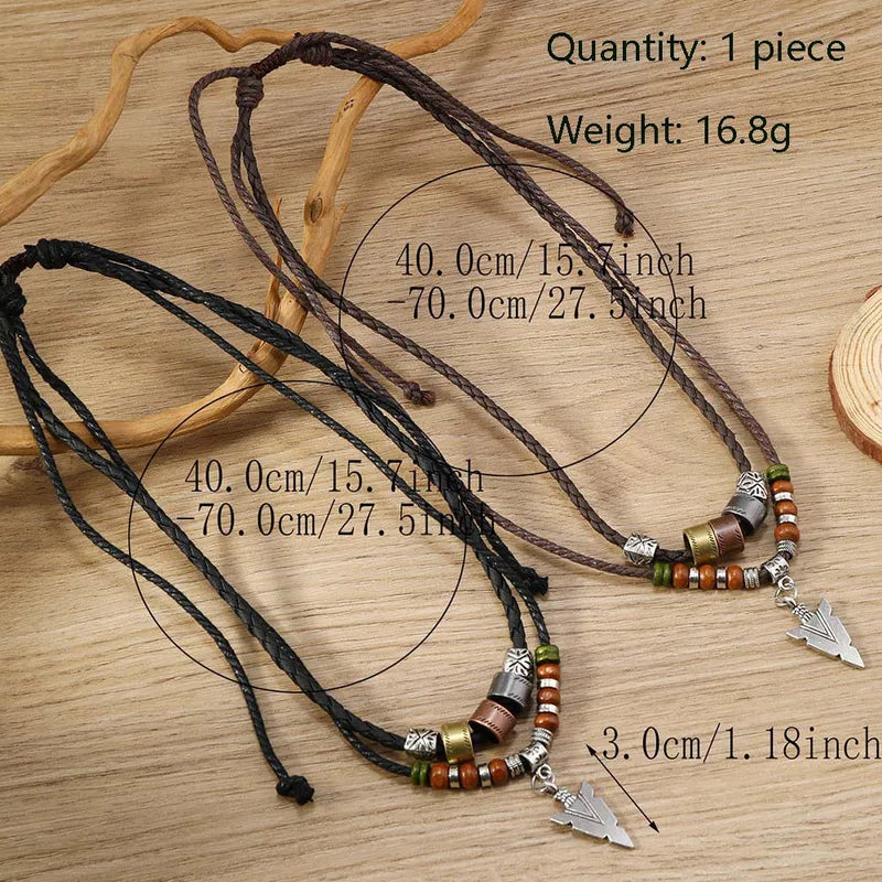Men's Viking Arrowhead Necklace Ethnic Tribal Leather Pendant Boho Jewelry