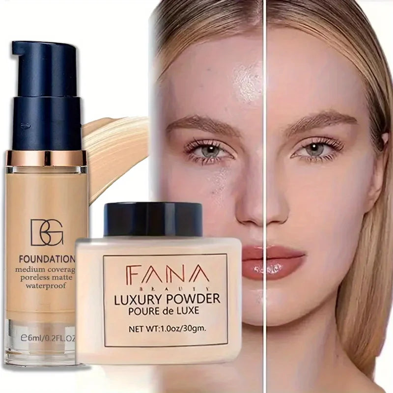 Matte Finish Oil-Control Foundation Powder Set with Puff - Long Lasting, Waterproof, Buildable Covering Dark Circles