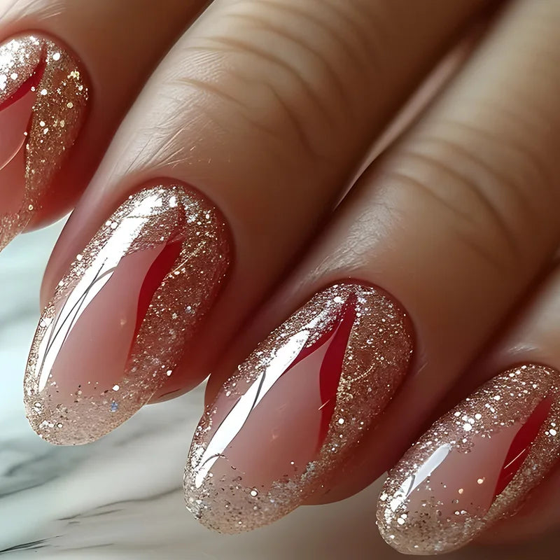 24 Pcs Short Glitter Fake Nails with Flowers and Starry Sky Design - Press On Art Tips, Multiple Colors
