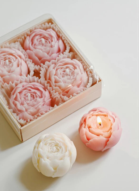 Rose Flower Shaped Soy Wax Candle Set of 4 - Handmade Decorative Gift Box