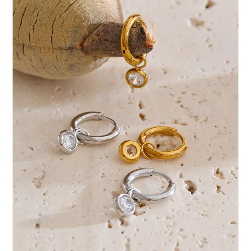 Stainless Steel Zirconia Drop Hoop Earrings - Allergy Friendly Daily Jewelry