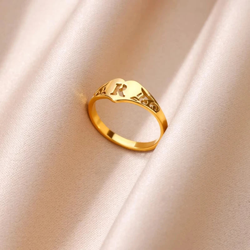 Stainless Steel A-Z Letter Heart Rings for Women - Hollow Initial Jewelry