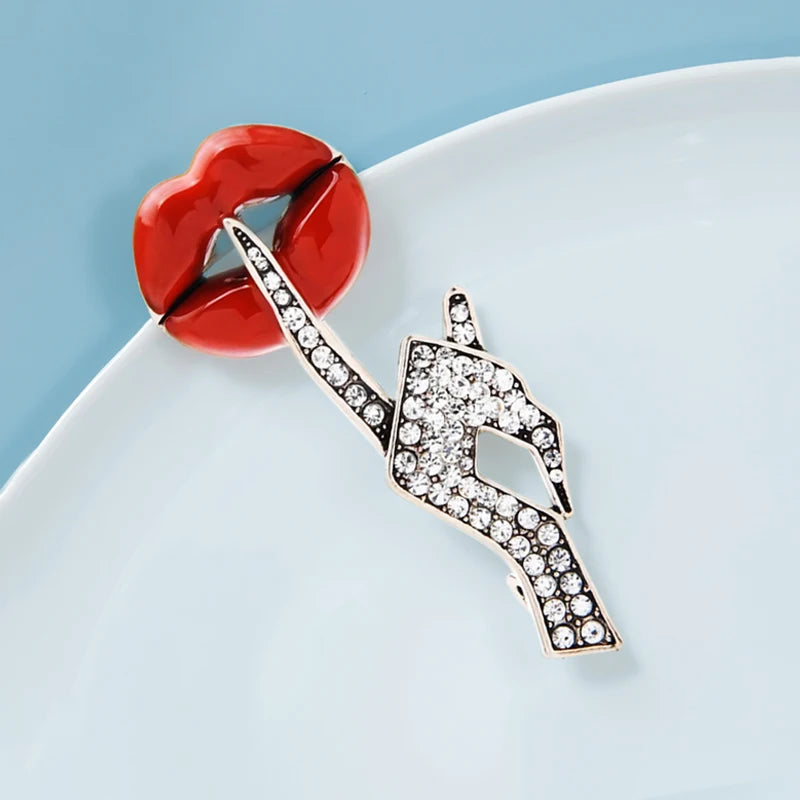 Women Hand Gesture Lip Brooch Pin - Red Enamel Jewelry Gift