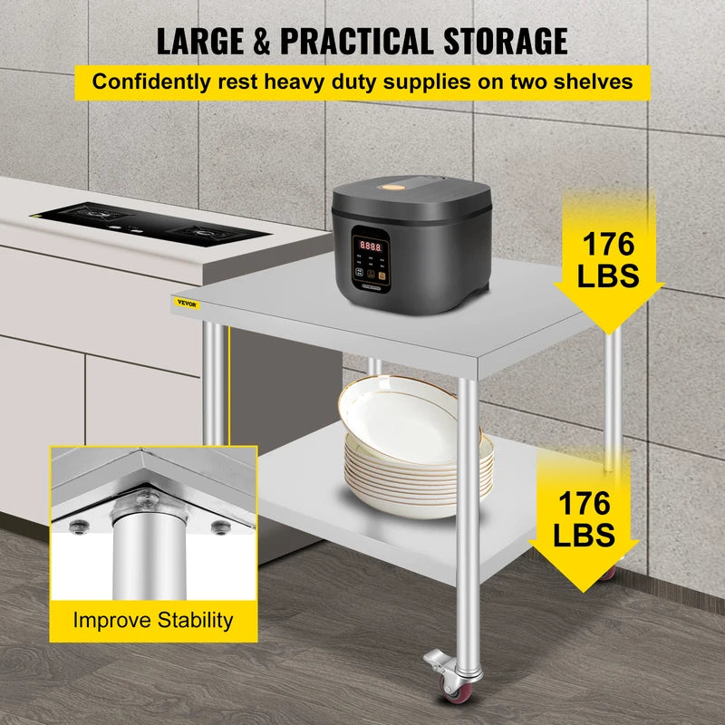 Stainless Steel Kitchen Prep Table with Casters and Backsplash - Load Capacity 100-300kg
