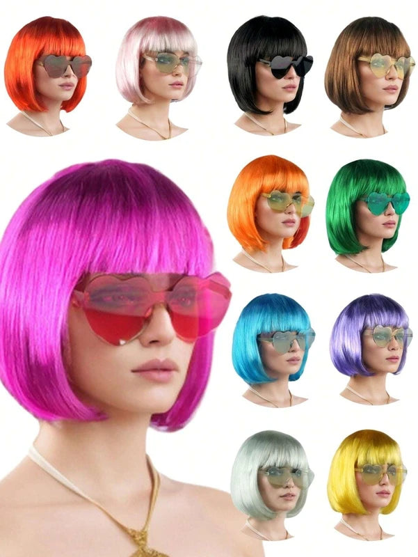 Colorful Short Straight Wig for Halloween Party - Funny & Novelty Accessory with Heart-Shaped Sunglasses