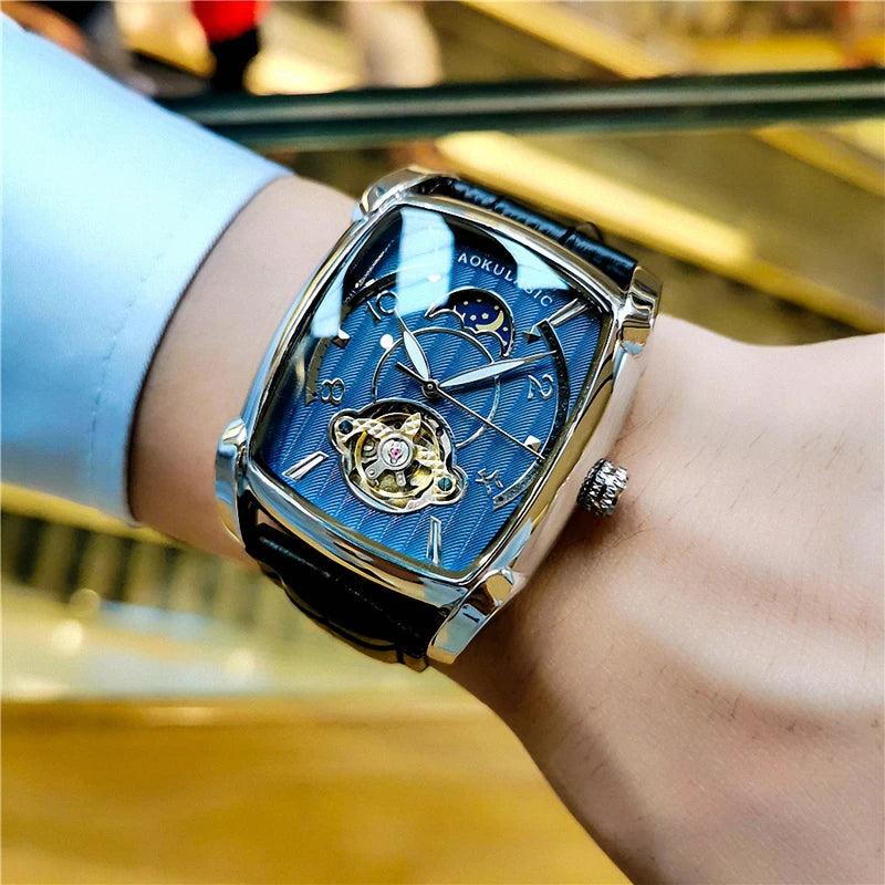 Men's Luxury Automatic Moon Phase Watch with Skeleton Dial Leather Strap