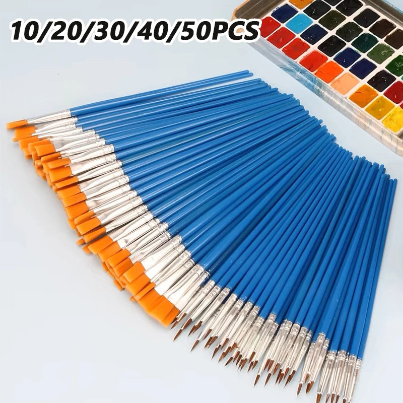 Set of 10/20/30/40/50 Multi-Size Art Paint Brushes - Nylon Round & Flat Tips