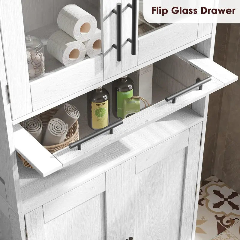Tall Bathroom Storage Cabinet with Glass Doors and Adjustable Shelves - Freestanding Linen Closet, Kitchen Pantry or Living Room Cupboard