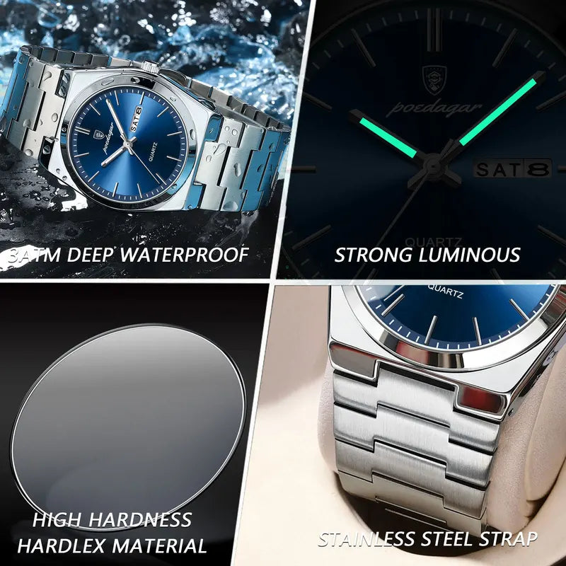 Luxury Men’s Waterproof Luminous Quartz Watch with Date and Week Display