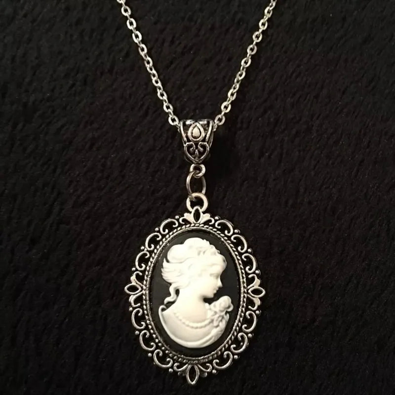 Black Oval Cameo Pendant Necklace for Women Gothic Jewelry 18-inch Chain